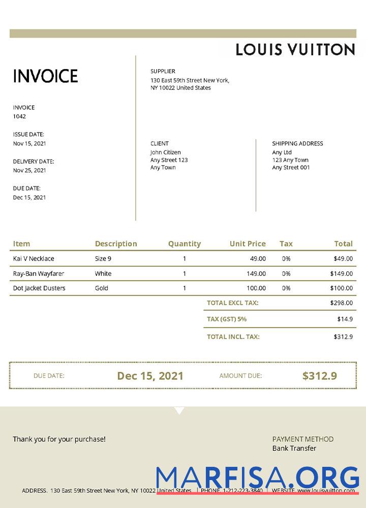 Realistic USA Louis Vuitton invoice template